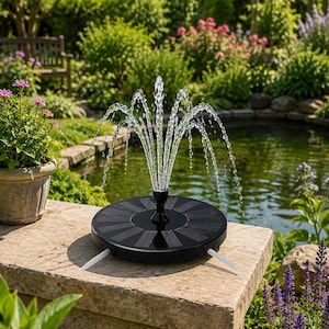 以下が含まれることがあります： 上向きに噴出する水流を備えた黒いソーラー噴水。庭の石の縁に置かれ、背景には池と緑があります。噴水は円形のデザインです。