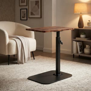 May include: A height-adjustable side table featuring a rectangular dark wood grain tabletop supported by a single black metal vertical post and a flat, rounded rectangular black metal base. A black adjustment knob is located on the post.