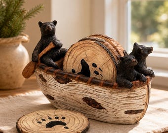 Rustic Bear Coaster Set, Woodland Lodge Decor, Cabin Kitchen Accessory