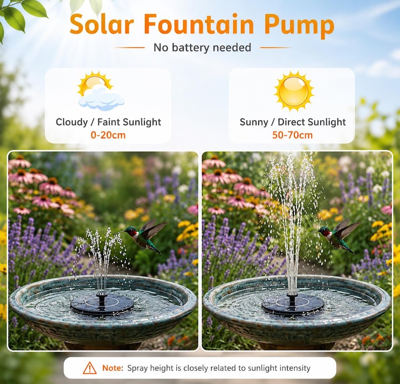 以下が含まれることがあります： 「Solar Fountain Pump」と「No battery needed」の文字が入ったソーラー噴水ポンプ。画像には、曇りの状態（0〜20cm）と晴れの状態（50〜70cm）の2つのバードバスと噴水が写っています。