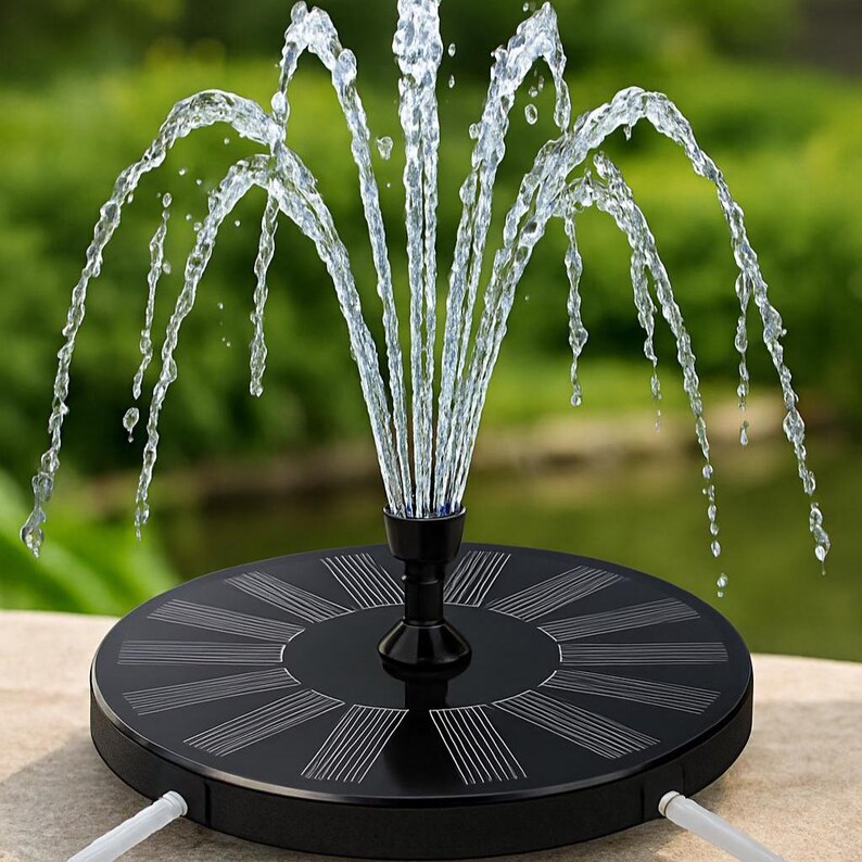 以下が含まれることがあります： 黒いソーラー噴水。水が噴き出すノズルを中心に、放射状のデザインが施された丸いベースがあります。水は優雅な弧を描き、ダイナミックなディスプレイを作り出しています。背景はぼやけており、屋外の環境を示唆しています。