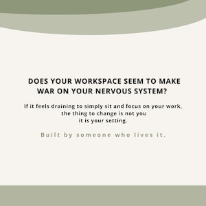 Pode incluir: Gráfico bege claro com texto: "O SEU ESPAÇO DE TRABALHO PARECE FAZER GUERRA AO SEU SISTEMA NERVOSO?" e "Se parece exaustivo simplesmente sentar e concentrar-se no seu trabalho, a coisa a mudar não é você, é o seu ambiente."