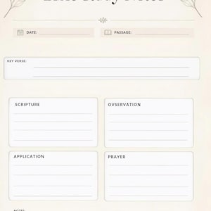 Puede incluir: Una plantilla de notas de estudio bíblico de color crema con un icono de cruz, ilustraciones de hojas y encabezados para Date, Passage, Key Verse, Scripture, Ovservation, Application, Prayer y Notes con secciones rayadas para escribir.