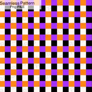 May include: A digital graphic file featuring a repeating seamless checkerboard pattern. The grid consists of alternating squares in solid black, bright orange, vibrant purple, and off-white. The text Seamless Pattern Png FILE is visible.