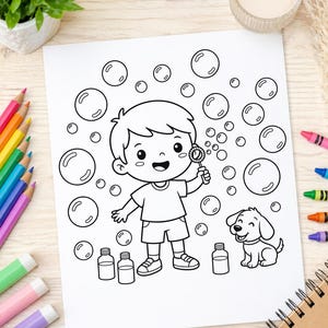 May include: Black and white line art colouring page showing a cartoon boy blowing bubbles with a dog. The boy wears a t-shirt and shorts. Bubbles of various sizes surround the boy and dog. Bottles are at the bottom of the page.