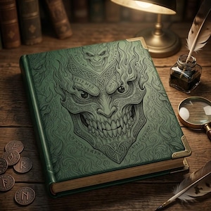 Grimorio runico del demone Oni mitico / Diario di tradizioni pagane / Disegno al tratto da colorare per adulti in formato PDF