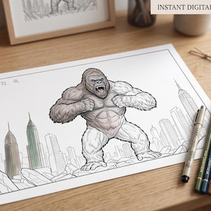 May include: A digital coloring page featuring a large, muscular gorilla standing in a city skyline. The illustration shows the gorilla with bared teeth and clenched fists amidst tall buildings. The page includes a top navigation bar with icons.