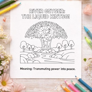 Könnte beinhalten: Schwarz-Weiß-Strichzeichnung eines Baumes mit Vogel, Fluss und Landschaft, betitelt "River Geyser: The Liquid Kintsgi". Der Text enthält "Printable Coloring Page", "Meaning: Transmuting power into peace" und "Instant Download".