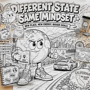 Può includere: Un'illustrazione in bianco e nero a tratto che raffigura un globo terrestre in stile cartoon con scarpe da ginnastica, che tiene in mano una mappa con la scritta New Beginnings. Il testo recita Different State Same Mindset, New Place. New Energy.
