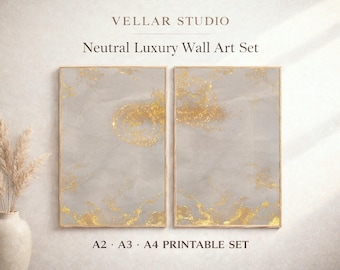 Beige Gold Abstract Wall Art Set of 2 Neutral Textured Paper Prints Luxury Minimalist Poster Set Elegant Living Room Bedroom Gallery Decor
