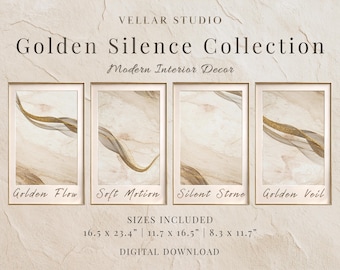 Golden Silence Set of 4 Luxury Printable Wall Art Neutral Beige Gold Abstract Poster Minimalist Gallery Wall Set Modern Coastal Decor Pack