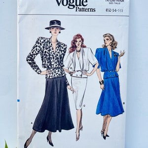May include: Vogue Patterns sewing pattern number 9968 for sizes 12-14-16. The pattern features three women wearing different outfits. The first woman is wearing a leopard print jacket and a black skirt. The second woman is wearing a white jacket and a white skirt. The third woman is wearing a blue jacket and a blue skirt.