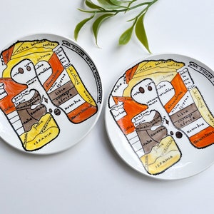 May include: Two white ceramic plates with a hand-painted map design. The map features various regions in shades of yellow, orange, and brown, with black outlines and text. The plates are decorated with the words "MAPPAMONDO DI ALBY SECOLO VIA".