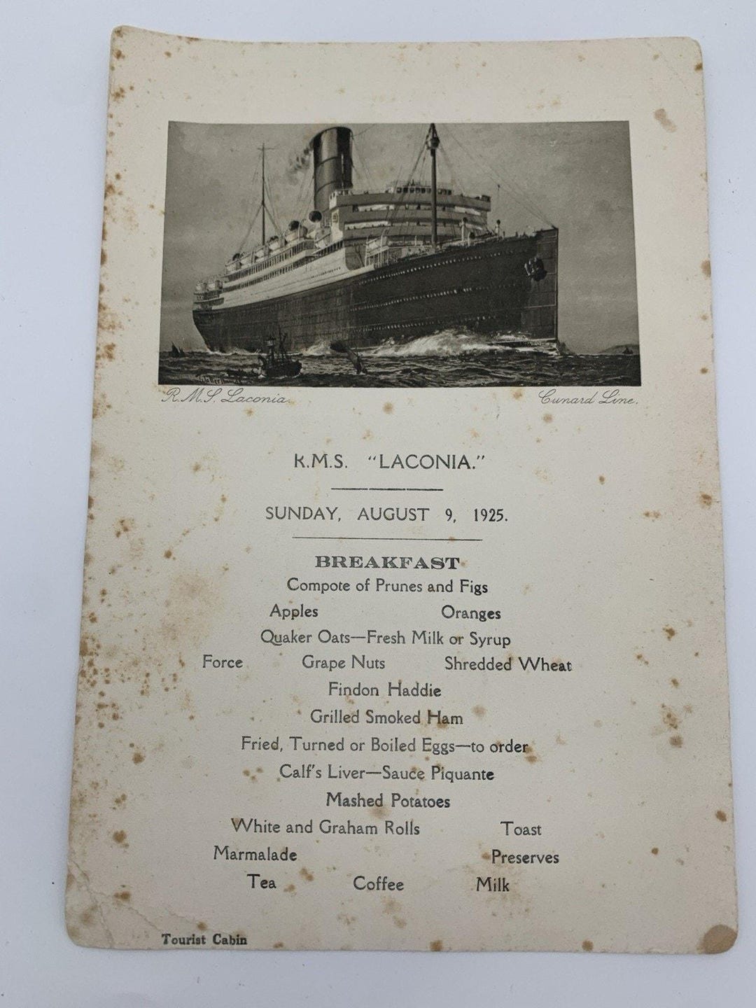 1925 Breakfast Menu Cunard Line R. M. S. Laconia Tourist Cabin - Etsy