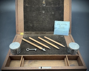 Antique 19th Century 1800’s Wooden Writing Box with Key and T. Walters Apothecary and Chemist Ink Powder Packet Ephemera & Pen Set