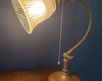Antique HUBBELL Gooseneck Desk Lamp Ribbed Glass Shade Acorn Pull Chain 1910’s