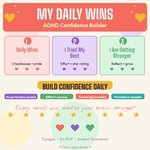 ADHD Daily Wins Printable for Kids | Confidence & Positive Behaviour Tracker | Self Esteem and Emotional Growth Worksheet PDF