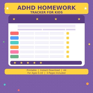 Puede incluir: Un rastreador de tareas de TDAH morado para niños. El banner superior dice "ADHD Homework Tracker for Kids". El rastreador tiene un fondo blanco con cuadros de colores a la izquierda y cuadros amarillos a la derecha. El banner inferior dice "Imprimible | Descarga instantánea | A4 Para edades 5-10 | 3 páginas incluidas".