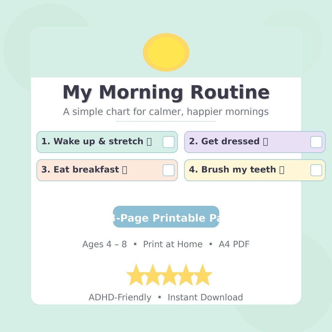 ADHD Morning Routine Chart for Kids | Printable Checklist Ages 4-8 (A4 ...