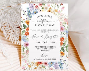 Wildflower Baby Shower Invitation, Boho Spring Summer Baby Shower Invite Template Card, Editable Floral Garden Party Canva Download BD27A