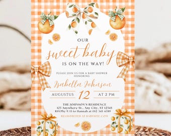 Gingham Citrus Baby Shower Invitation, Orange Tangerine Summer Baby Shower Invite, Fresh Botanical Garden Party, Editable Download BD34A