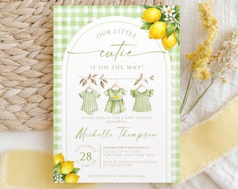 Fresh Summer Lemon Baby Shower Invitation, Yellow Citrus Green Gingham Garden Party Invite, GreeneryEditable Canva Digital Download BS42A