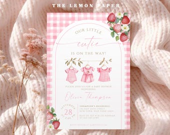 Berry Sweet Baby Shower Invitation, Flower Strawberry Gingham Baby Shower Invite, Pink Floral Clothesline Template, Editable Download BS36A