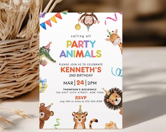Calling All Party Animals Birthday Invitation, Colorful Safari Animal Party Invite, Any Age Kids Birthday Template, Editable Download BD25B