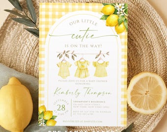 Lemon Baby Shower Invitation, Citrus Baby Shower Invite, Yellow Gingham Summer Greenery Baby Shower Template, Editable Canva Download BS41A