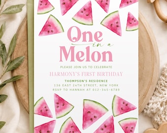 One In A Melon First Birthday Invitation, Pink Watermelon Birthday Party Invite, Summer Girl Birthday Template, Editable Download Card BD40B