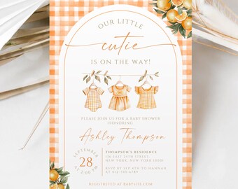 A Little Cutie Is On The Way Baby Shower Invitation, Orange Gingham Citrus Baby Shower Invite, Gender Neutral Editable Canva Template BS35A