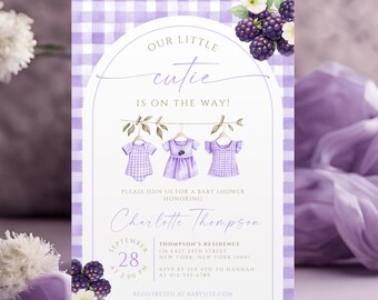 Berry Sweet Baby Shower Invitation, Blackberry Baby Shower Invite, Purple Gingham Floral Clothesline Template, Editable Card Download BS37A