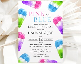 Vibrant Popsicle Gender Reveal Invitation, Pink Or Blue Baby Shower Invite, Summer Ice Lolly Gender Reveal Party, Editable Download G21A