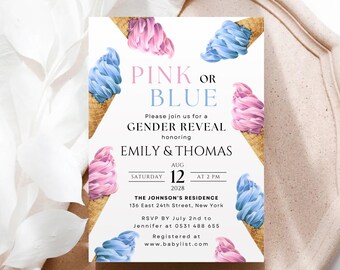 Ice Cream Gender Reveal Invitation, Pink Blue Gelato Baby Shower Invite, Pastel Scoop Gender Reveal Party, Editable Canva Download Card G20A