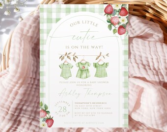 Berry Sweet Baby Shower Invitation, Green Gingham Strawberry Baby Shower Invite, Summer Berry Baby Shower Template, Editable Download BS38A