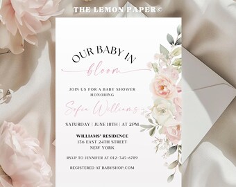 Pastel Blush Pink Peony Baby Shower Invitation, Elegant Peony Floral Girl Baby Shower Invite, Spring Summer Canva Editable Template BS31A