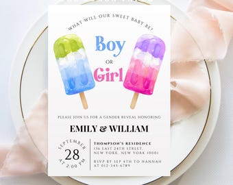 Summer Popsicle Gender Reveal Invitation, Colorful Rainbow Baby Shower Invite, Pink Blue Green Purple Party, Editable Canva Download G19A