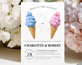 Boy Or Girl Ice Cream Gender Reveal Invitation, Pink Or Blue Baby Shower Invite, Summer Scoop Reveal Party, Editable Canva Download G18A