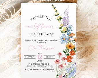 A Little Wildflower Is On The Way Baby Shower Invitation, Summer Boho Wildflower Garden Party Invite, Editable Canva Template Download BS32A