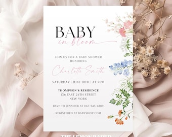 Soft Pastel Wildflower Baby Shower Invitation, Elegant Spring Summer Floral Baby Shower Invite, Editable Canva Printable Template Card BS30A