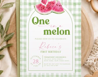 One In A Melon First Birthday Invitation, Green Watermelon Birthday Party Invite, Pink Gingham Summer Theme, Editable Canva Download BD37B