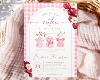Cherry Baby Shower Invitation, Coquette Cherry Girl Baby Shower Invite, Red Pink Gingham Floral Bow Template, Editable Canva Download BS40A