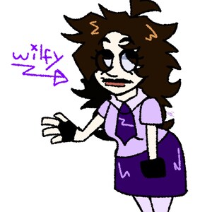 May include: A digital illustration of a character with dark brown hair, wearing a light purple short-sleeved shirt, a dark purple tie, and a dark purple skirt. The character has black fingerless gloves and the word wilfy is written in purple.