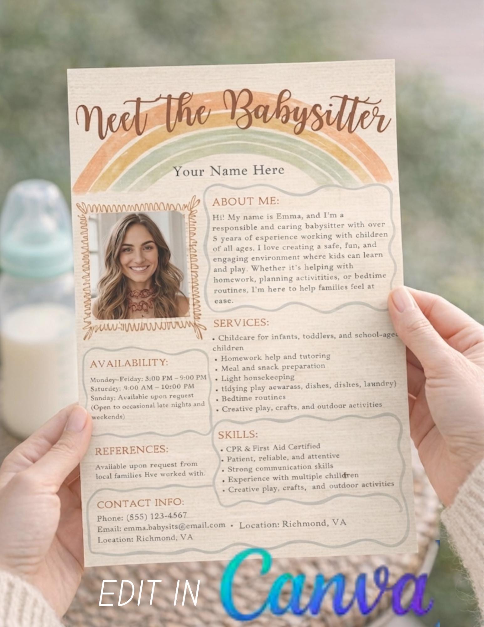 Meet the Babysitter Flyer Template | Editable Boho Rainbow Nanny Resume ...