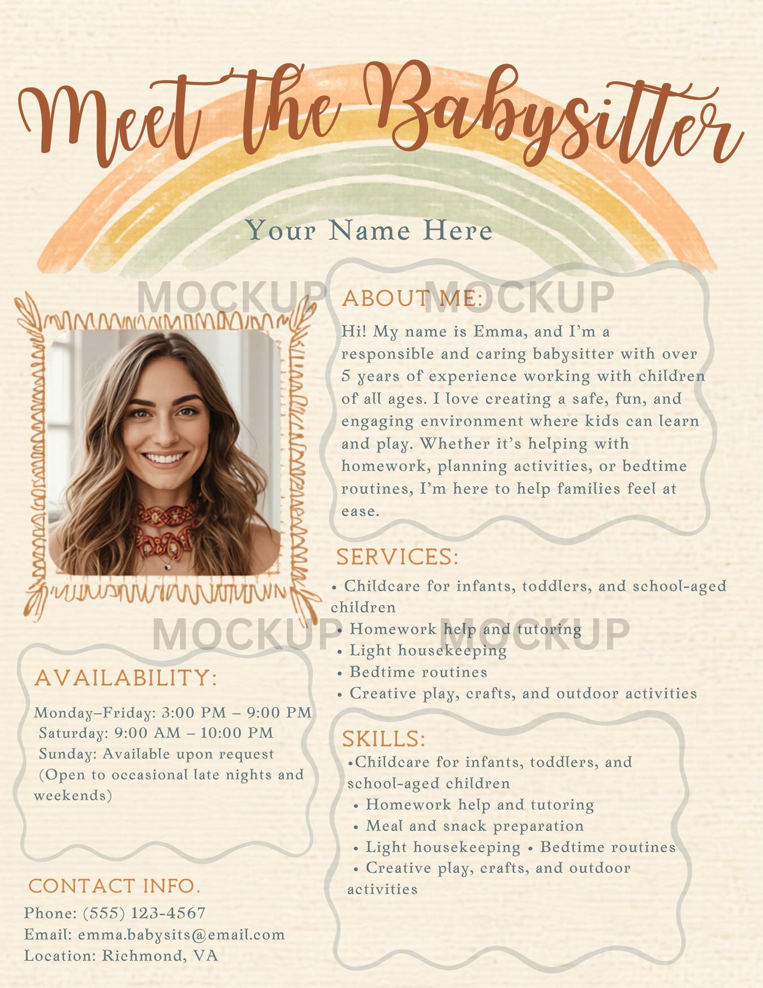 Meet the Babysitter Flyer Template | Editable Boho Rainbow Nanny Resume ...