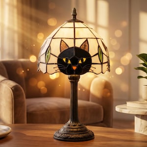 Glasmalerei-Katzen-Tischlampe, Tiffany-Art-Schlafzimmer-Licht, Weinlese-wunderliches Dekor, Nachtlampe für Katzenliebhaber, Geschenk für Haus