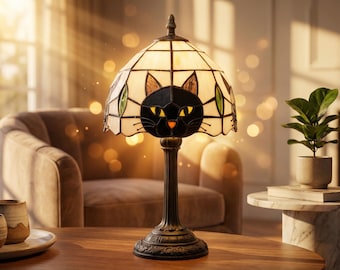 Glasmalerei-Katzen-Tischlampe, Tiffany-Art-Schlafzimmer-Licht, Weinlese-wunderliches Dekor, Nachtlampe für Katzenliebhaber, Geschenk für Haus