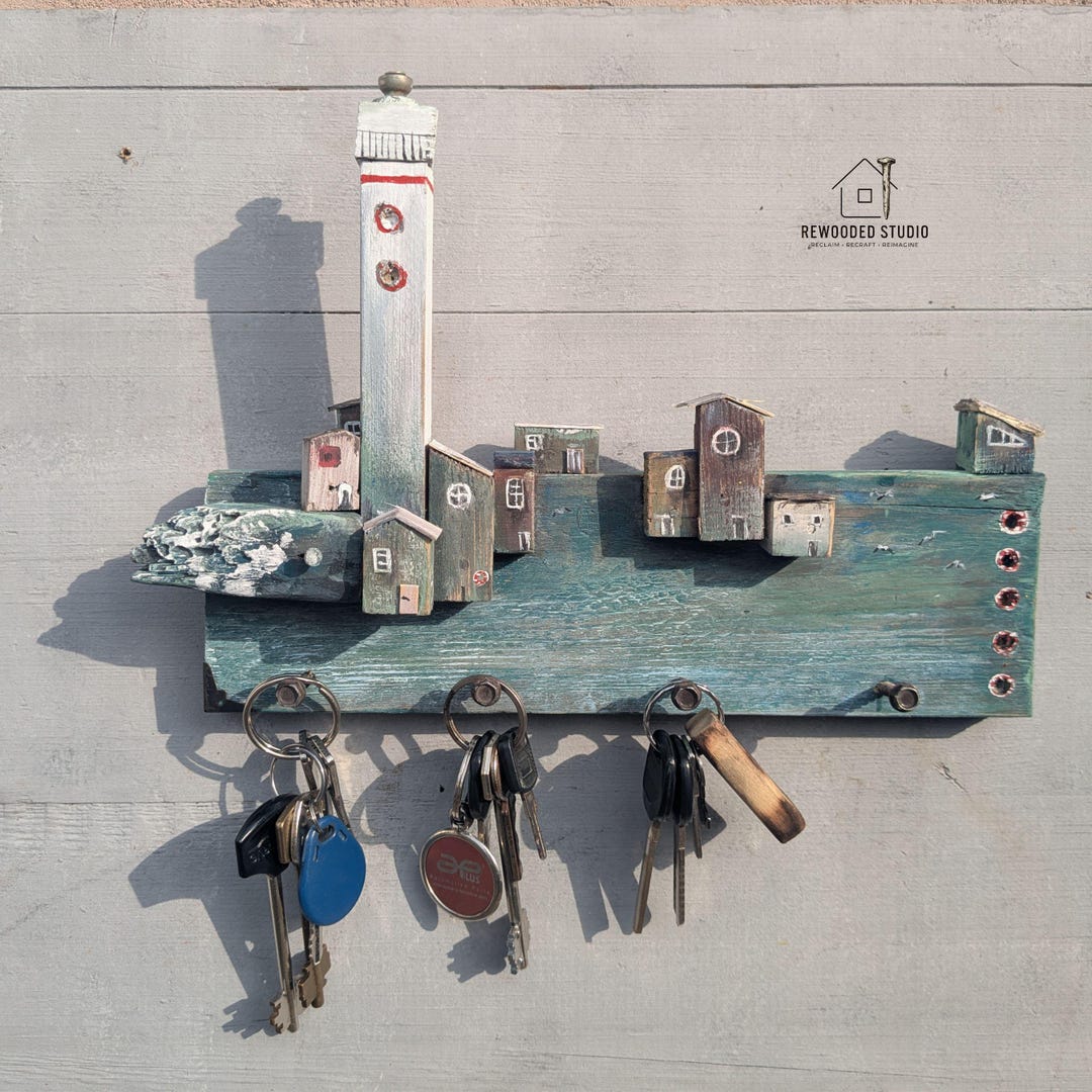 Coastal Wooden Key Holder Lighthouse Wall Rack Nautical Jewelry ...