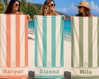 Toalha de praia personalizada com listras retrô, toalha de piscina com nome personalizado, presente de praia para madrinhas, toalha de férias de verão, toalha de resort.