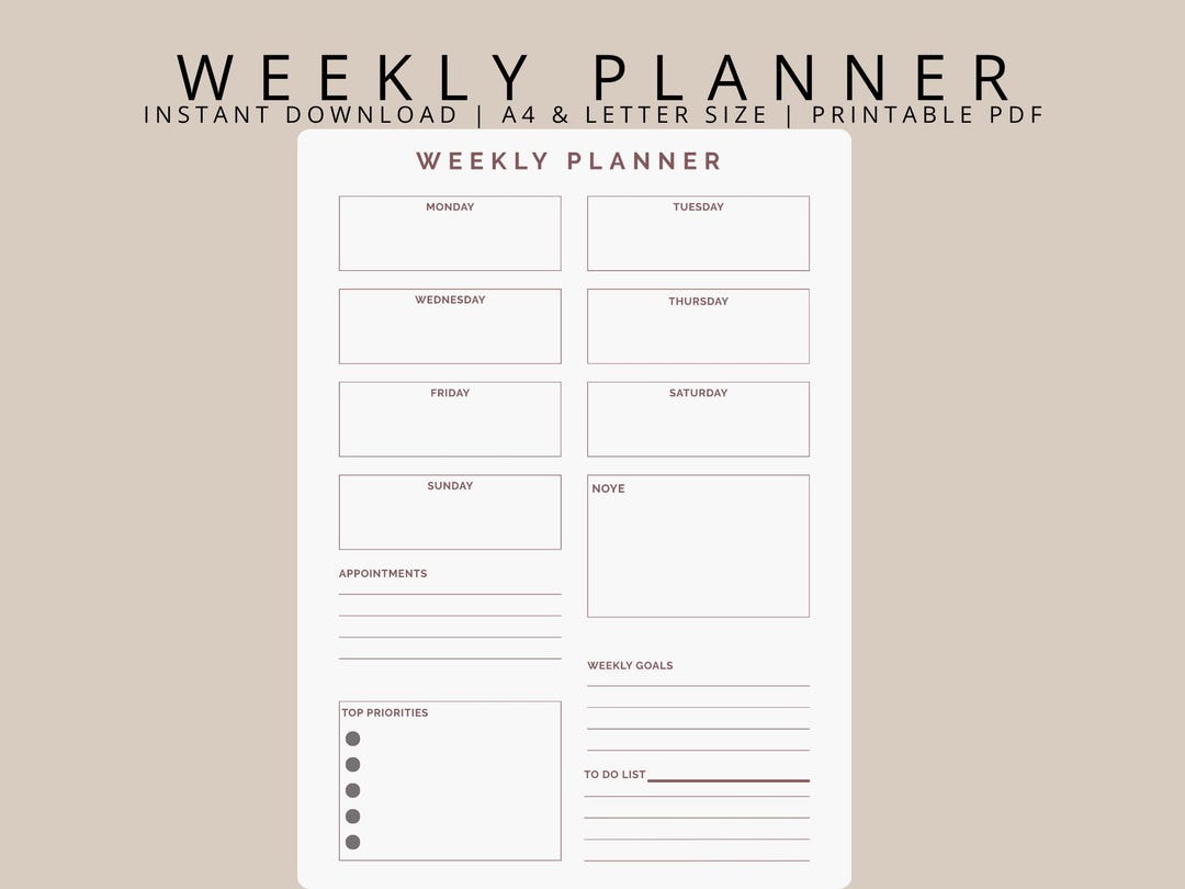 Weekly Planner Printable | Minimal Weekly Planner | A4 & Letter Size ...